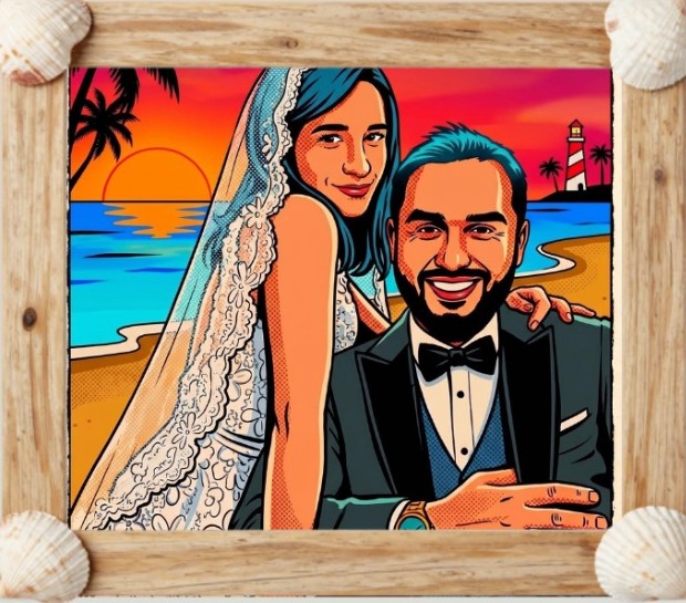 Suzan ve Ömer'in deniz temali cercevedeki illüstrasyonu
